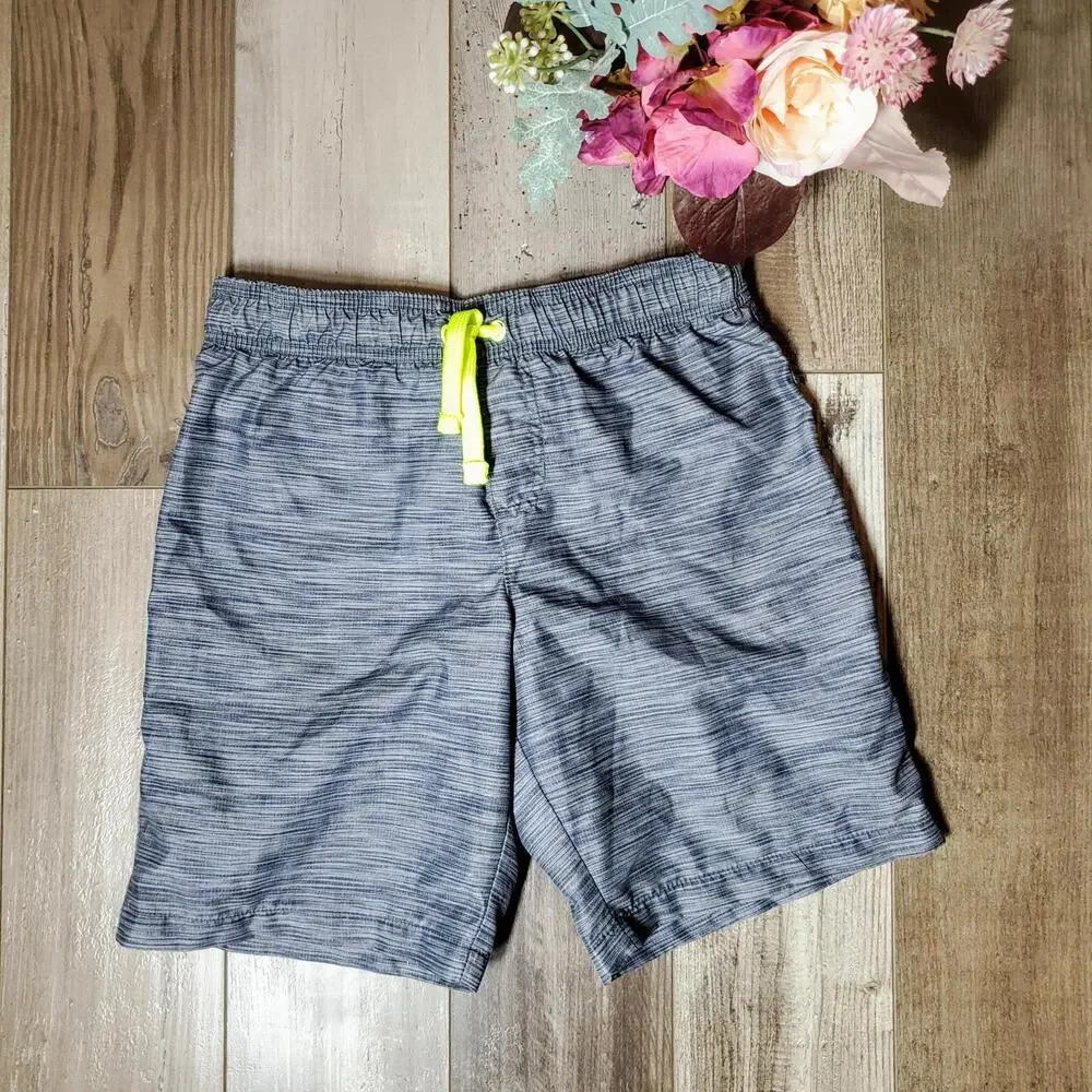 Wonder Nation Size Small 6-7 Boys Swim Trunks Board Shorts EUC Gray Lime Green
